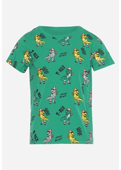 Zielona Klasyczna Koszulka z Bawełny z Ozdobnym Nadrukiem Dinozaurów Ehtnema ze sklepu Born2be Odzież w kategorii Bluzki dziewczęce - zdjęcie 169830729
