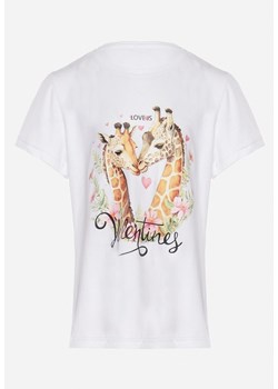 Biała Bawełniana Koszulka z Krótkim Rękawem z Nadrukiem z Żyrafą Frezjala ze sklepu Born2be Odzież w kategorii Bluzki dziewczęce - zdjęcie 169830737