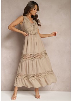 Beżowa Maxi Sukienka o Rozkloszowanym Kroju z Ażurowymi Wstawkami Litulla ze sklepu Renee odzież w kategorii Sukienki - zdjęcie 169855699