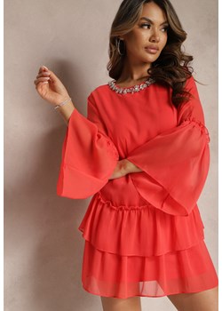 Czerwona Sukienka Rozkloszowana Mini z Falbanką i Cyrkoniami przy Szyi Felicerna ze sklepu Renee odzież w kategorii Sukienki - zdjęcie 169855779