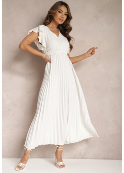 Biała Rozkloszowana Sukienka z Plisami Maxi z Falbankami przy Ramionach Nethula ze sklepu Renee odzież w kategorii Sukienki - zdjęcie 169855865