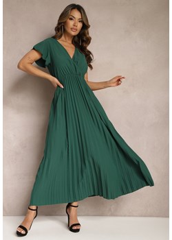 Ciemnozielona Plisowana Sukienka Maxi o Rozkloszowanym Kroju z Kopertowym Dekoltem Ofilva ze sklepu Renee odzież w kategorii Sukienki - zdjęcie 169855875