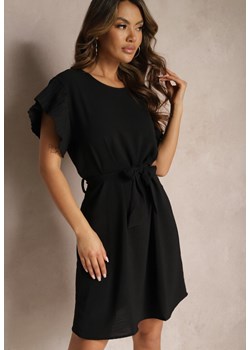 Czarna Mini Sukienka Rozkloszowana ze Zdobionym Rękawem i Materiałowym Paskiem Ajemia ze sklepu Renee odzież w kategorii Sukienki - zdjęcie 169855996