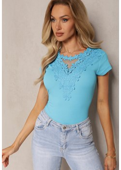 Niebieski T-shirt z Bawełny Ozdobiony Koronką Naiel ze sklepu Renee odzież w kategorii Bluzki damskie - zdjęcie 169856026