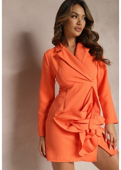 Pomarańczowa Sukienka Mini w Stylu Marynarki z Długimi Rękawami i Kwiatową Aplikacją Tansiwia ze sklepu Renee odzież w kategorii Sukienki - zdjęcie 169856116