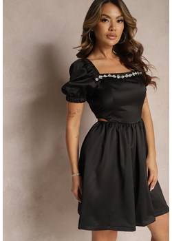 Czarna Rozkloszowana Sukienka Mini z Wycięciami po Bokach i Cyrkoniami na Dekolcie Erelasia ze sklepu Renee odzież w kategorii Sukienki - zdjęcie 169856126