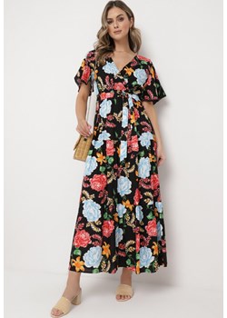 Czarno-Niebieska Sukienka Maxi z Gumką w Talii z Szerokimi Rękawami i Kwiatowym Printem Nodriala ze sklepu Born2be Odzież w kategorii Sukienki - zdjęcie 169856246