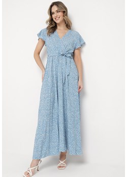 Niebieska Sukienka Maxi z Wiązanym Paskiem i Kopertowym Dekoltem z Gumką w Talii Liorllita ze sklepu Born2be Odzież w kategorii Sukienki - zdjęcie 169856276