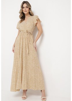 Beżowa Sukienka Maxi z Wiązanym Paskiem i Kopertowym Dekoltem z Gumką w Talii Liorllita ze sklepu Born2be Odzież w kategorii Sukienki - zdjęcie 169856286