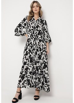 Czarno-Biała Długa Sukienka z Abstrakcyjnym Wzorem i Rękawami 3/4 Thalorias ze sklepu Born2be Odzież w kategorii Sukienki - zdjęcie 169856326