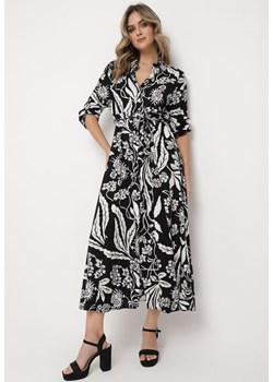 Czarno-Biała Koszulowa Sukienka z Roślinnym Wzorem z Wiązanym Paskiem Rosallen ze sklepu Born2be Odzież w kategorii Sukienki - zdjęcie 169856336