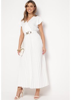 Biała Sukienka Maxi Plisowana z Kopertową Górą Rozkloszowany Fason Anelea ze sklepu Born2be Odzież w kategorii Sukienki - zdjęcie 169856406
