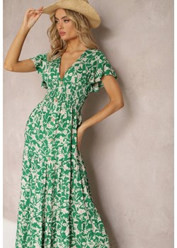 Zielona Sukienka z Gumką w Pasie w Kwiatowy Wzór z Ozdobnymi Guzikami Ellsa ze sklepu Renee odzież w kategorii Sukienki - zdjęcie 169864199