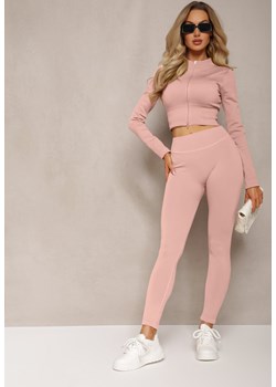 Różowe Prążkowane Legginsy z Wysokim Stanem Amokka ze sklepu Renee odzież w kategorii Spodnie damskie - zdjęcie 169864236