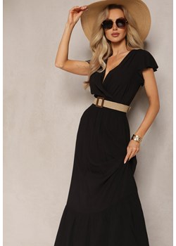 Czarna Rozkloszowana Sukienka Maxi z Bawełny z Kopertowym Dekoltem i Falbankami Quelaria ze sklepu Renee odzież w kategorii Sukienki - zdjęcie 169864556