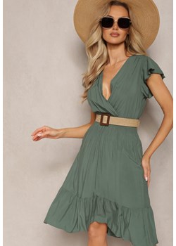 Zielona Sukienka z Bawełny z Marszczoną Gumką w Talii z Falbankami Sorxia ze sklepu Renee odzież w kategorii Sukienki - zdjęcie 169864566
