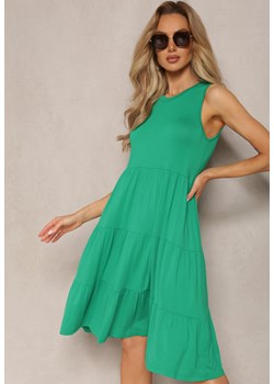 Zielona Rozkloszowana Sukienka Bez Rękawów z Wiskozy z Falbanami Leondia ze sklepu Renee odzież w kategorii Sukienki - zdjęcie 169864596