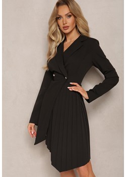 Czarna Mini Sukienka z Plisami i Kopertowym Dekoltem Ozdobiona Guzikami Eiloni ze sklepu Renee odzież w kategorii Sukienki - zdjęcie 169864766