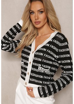 Czarno-Biały Krótki Kardigan z Napisami Fashion i Guzikami Winifa ze sklepu Renee odzież w kategorii Swetry damskie - zdjęcie 169864776