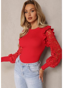 Czerwony Sweter z Koronką i Bufiastym Rękawem Yuntus ze sklepu Renee odzież w kategorii Swetry damskie - zdjęcie 169864786