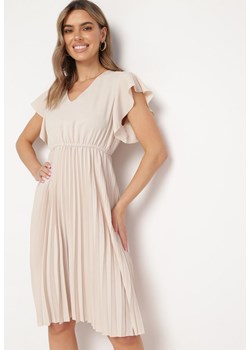 Beżowa Sukienka Rozkloszowana Midi z Plisowanym Dołem Sabara ze sklepu Born2be Odzież w kategorii Sukienki - zdjęcie 169867848