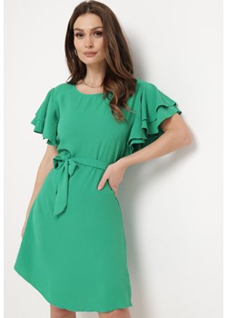 Zielona Sukienka Mini z Krótkim Rękawem Rozkloszowana z Paskiem i Falbanami na Rękawie Silvaina ze sklepu Born2be Odzież w kategorii Sukienki - zdjęcie 169867859