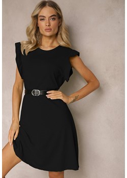 Czarna Trapezowa Sukienka z Elastycznej Bawełny z Falbankami Przy Ramionach Aleradia ze sklepu Renee odzież w kategorii Sukienki - zdjęcie 169879267