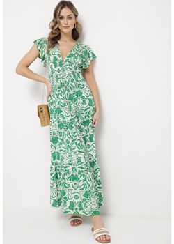 Zielona Rozkloszowana Sukienka Maxi z Luźnym Rękawem w Kwiatowy Print Oxeria ze sklepu Born2be Odzież w kategorii Sukienki - zdjęcie 169879345