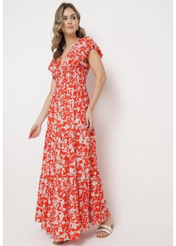 Czerwono-Beżowa Sukienka Maxi w Kwiaty z Falowanymi Rękawkami i Gumką w Talii Mulanitti ze sklepu Born2be Odzież w kategorii Sukienki - zdjęcie 169879355