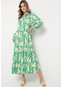 Zielono-Beżowa Rozkloszowana Sukienka Maxi Koszulowa z Geometrycznym Wzorem Pholimena ze sklepu Born2be Odzież w kategorii Sukienki - zdjęcie 169879415