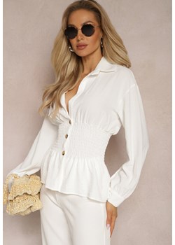 Biała Koszula z Marszczoną Talią i Ozdobnymi Guzikami Dapnelli ze sklepu Renee odzież w kategorii Koszule damskie - zdjęcie 169892268