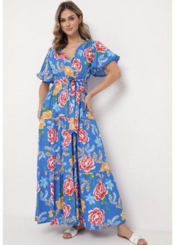 Niebieska Sukienka Maxi z Gumką w Talii z Szerokimi Rękawami i Kwiatowym Printem Nodriala ze sklepu Born2be Odzież w kategorii Sukienki - zdjęcie 169892357