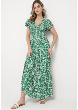 Zielona Sukienka Maxi w Kwiaty z Falowanymi Rękawkami i Gumką w Talii Mulanitti ze sklepu Born2be Odzież w kategorii Sukienki - zdjęcie 169892367