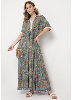 Niebiesko-Zielona Rozkloszowana Sukienka Maxi w Stylu Boho z Chwostami i Wzorem Paisley  Naphai ze sklepu Born2be Odzież w kategorii Sukienki - zdjęcie 169892377