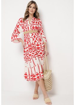 Czerwono-Beżowa Sukienka Midi Rozkloszowana w Geometryczny Wzór z Falbanką na Rękawach Merdisavia ze sklepu Born2be Odzież w kategorii Sukienki - zdjęcie 169892439