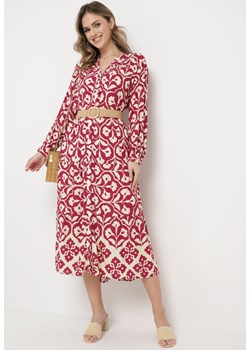 Beżowo-Bordowa Sukienka w Ornamentalny Wzór o Koszulowym Fasonie Venleia ze sklepu Born2be Odzież w kategorii Sukienki - zdjęcie 169892715