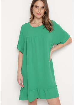 Zielona Sukienka z Falbanką o Rozkloszowanym Fasonie Mini Kerminna ze sklepu Born2be Odzież w kategorii Sukienki - zdjęcie 169892848