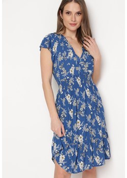 Granatowa Sukienka Bawełniana z Kopertowym Dekoltem w Kwiatki Akariela ze sklepu Born2be Odzież w kategorii Sukienki - zdjęcie 169892919