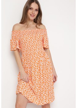 Pomarańczowa Wiskozowa Sukienka Mini z Hiszpańskim Dekoltem w Kwiatowy Print Ijorilda ze sklepu Born2be Odzież w kategorii Sukienki - zdjęcie 169893086