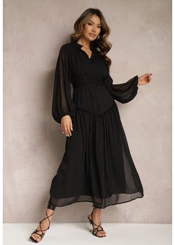 Czarna Elegancka Sukienka w Stylu Vintage z Powlekanymi Guzikami i Marszczeniami Lefandia ze sklepu Renee odzież w kategorii Sukienki - zdjęcie 169937298