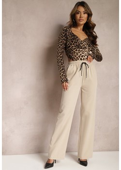 Beżowe Klasyczne Spodnie z Gumką w Pasie i Sznurkiem Celarstia ze sklepu Renee odzież w kategorii Spodnie damskie - zdjęcie 169937338