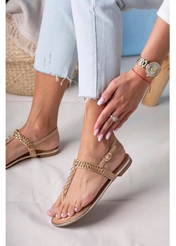 Beżowe sandały japonki płaskie z ozdobnym złotym łańcuszkiem Casu RT20X7/BE ze sklepu Casu.pl w kategorii Sandały damskie - zdjęcie 169946266