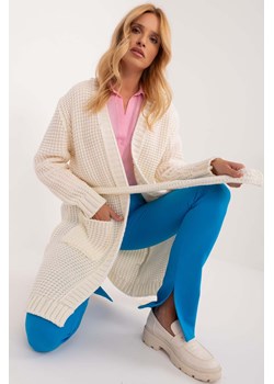 Ecru długi dzianinowy sweter kardigan z paskiem ze sklepu 5.10.15 w kategorii Swetry damskie - zdjęcie 169960498