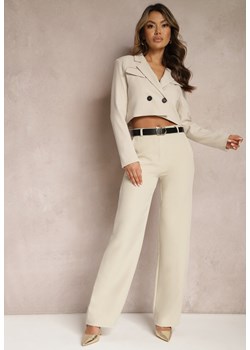 Beżowe Garniturowe Spodnie High Waist z Kieszeniami Blathe ze sklepu Renee odzież w kategorii Spodnie damskie - zdjęcie 169971277