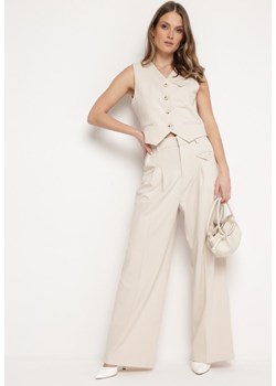 Beżowe Eleganckie Spodnie w Garniturowym Stylu z Zakładkami Illthai ze sklepu Born2be Odzież w kategorii Spodnie damskie - zdjęcie 169972267