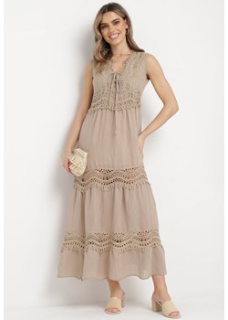 Beżowa Rozkloszowana Sukienka z Ażurowymi Zdobieniami Maxi Savanlia ze sklepu Born2be Odzież w kategorii Sukienki - zdjęcie 169999245