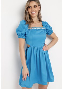 Niebieska Sukienka Mini Rozkloszowana z Dekoltem Ozdobionym Cyrkoniami i Wycięciami po Bokach Delphira ze sklepu Born2be Odzież w kategorii Sukienki - zdjęcie 169999425