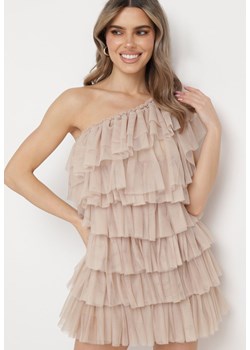 Jasnobeżowa Sukienka Mini na Jedno Ramię Asymetryczna z Falbankami Nomenta ze sklepu Born2be Odzież w kategorii Sukienki - zdjęcie 169999478