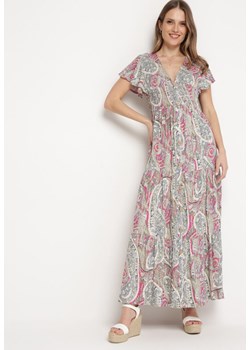 Różowo-Zielona Sukienka Maxi z Gumką Pod Biustem i Orientalnym Wzorem Uniwia ze sklepu Born2be Odzież w kategorii Sukienki - zdjęcie 170004288