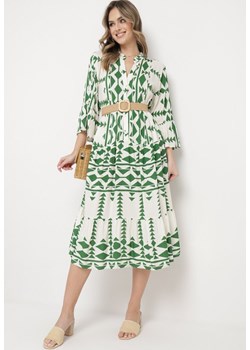Zielono-Beżowa Sukienka Midi Rozkloszowana w Geometryczny Wzór z Falbanką na Rękawach Merdisavia ze sklepu Born2be Odzież w kategorii Sukienki - zdjęcie 170004305